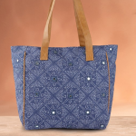 Navy Blue Geometric Printed Structured Shoulder Bag with Mirror Work