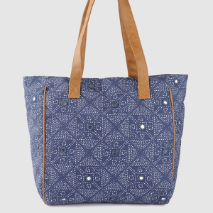 Navy Blue Geometric Printed Structured Shoulder Bag with Mirror Work
