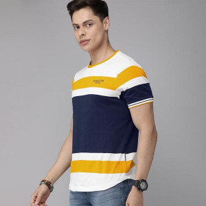 Men White Mustard Yellow Colourblocked Round Neck Pure Cotton T-shirt